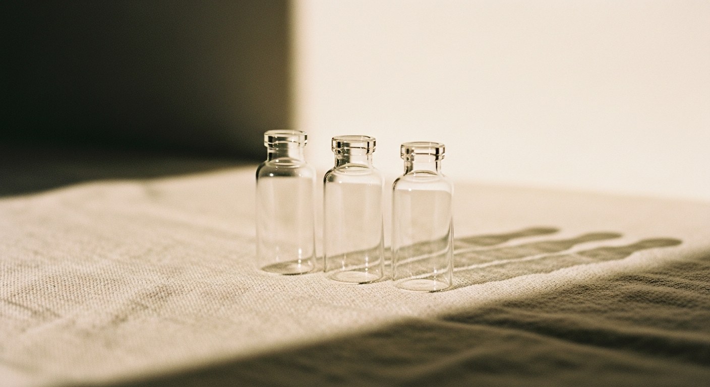Editorial still life of three apothecary vials in late-afternoon light