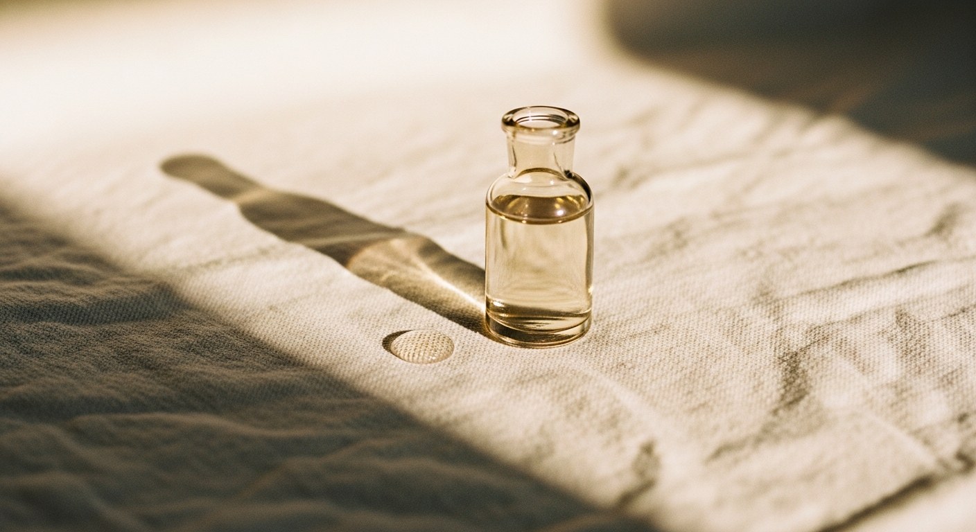 صورة تحريريّة لقارورة عطر صغيرة على قماش كتّان كريميّ، مع قطرة ماء صغيرة بجوارها.