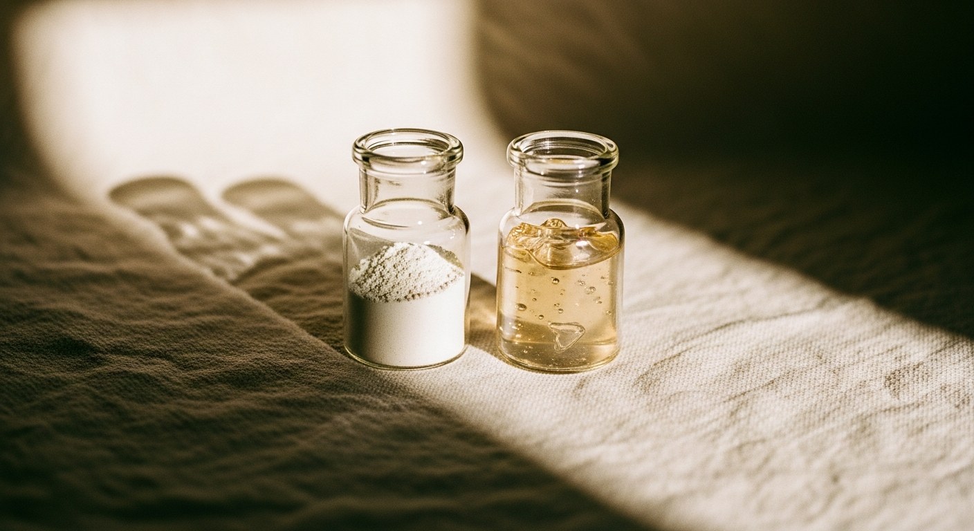 Editorial still life of two apothecary jars on cream linen