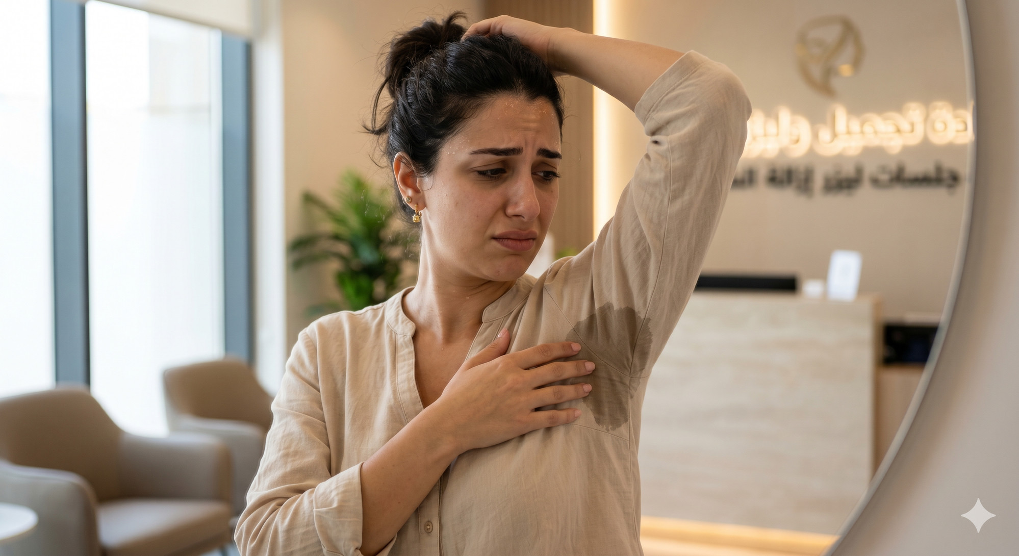 امرأة تنظر إلى بقعة عرق على قميصها أمام مرآة في عيادة تجميل وليزر.