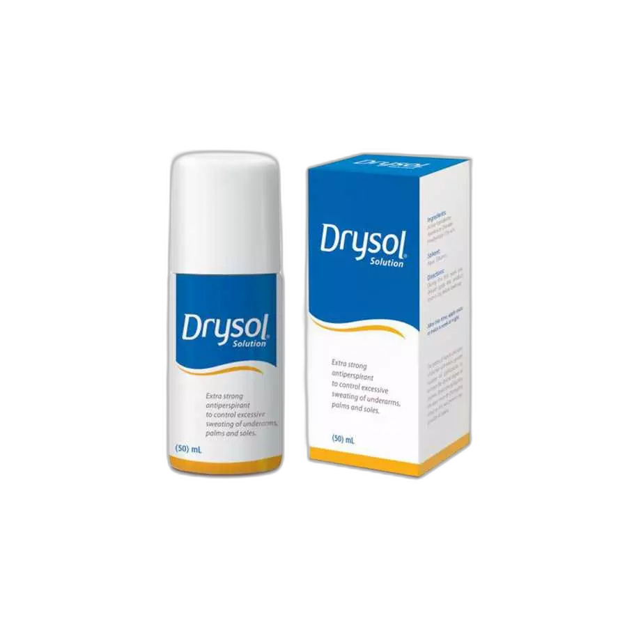 عبوة Drysol Solution رول-أون ٥٠ مل بجانب علبة المنتج بألوان أبيض وأزرق وأصفر.